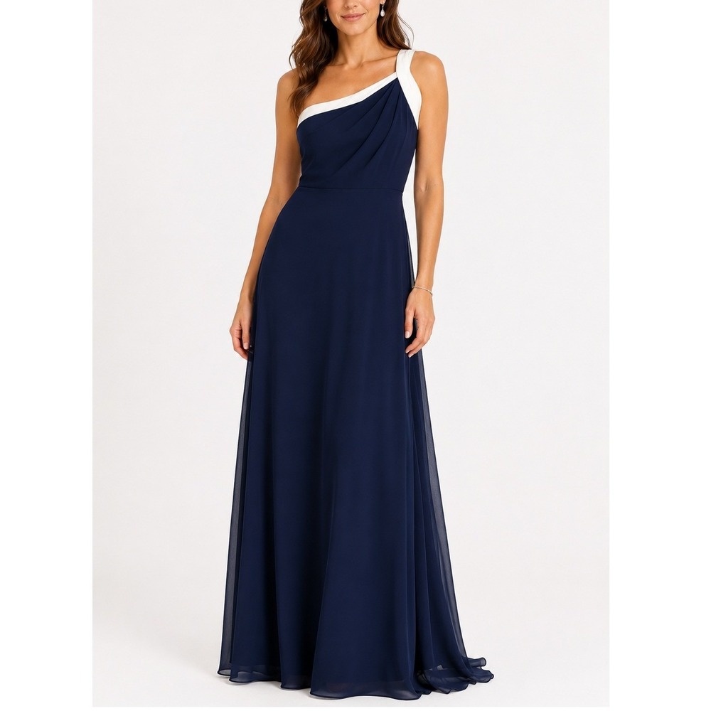 Social Bridesmaids 8178 Midnight Size 4 Navy Ivory One Shoulder Maxi Gown Dress